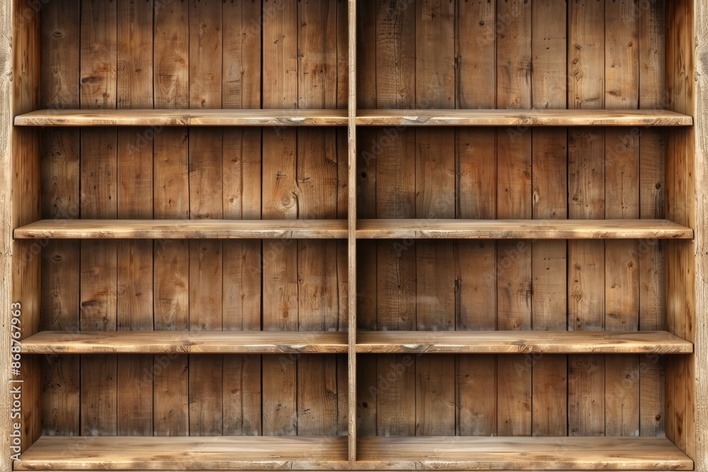 Close-up of an empty rustic wooden bookshelf with multiple shelves. Ideal for interior design, storage solutions, and decoration concepts. Close-up of an empty rustic wooden bookshelf with multiple shelves. Ideal for interior design, storage solutions, and decoration concepts.
