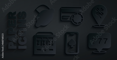 Set Online poker table game, Casino slot machine with clover, Slot jackpot, Credit card and lemon icon. Vector