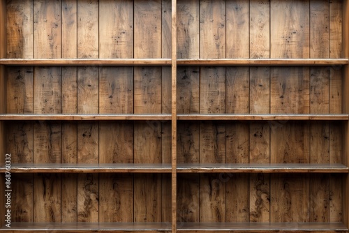 Empty rustic wooden bookshelf with a natural finish, featuring multiple shelves and a textured backdrop, ideal for various storage needs.
