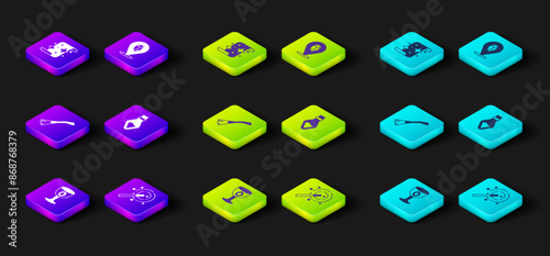 Set Medieval goblet, Magic wand, Witches broom, Bottle with potion, stone and scroll icon. Vector