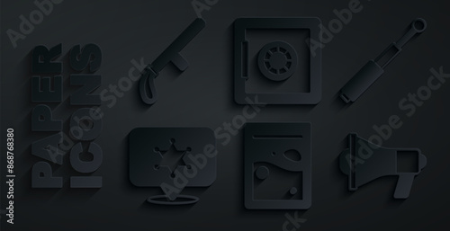 Set Plastic bag of drug, Telescopic baton, Hexagram sheriff, Megaphone, Safe and Police rubber icon. Vector