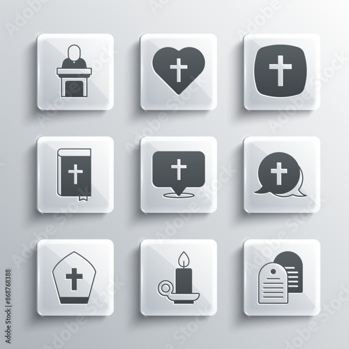 Set Burning candle in candlestick, Holy bible book, Christian cross, Location church building, Pope hat, Church pastor preaching and icon. Vector