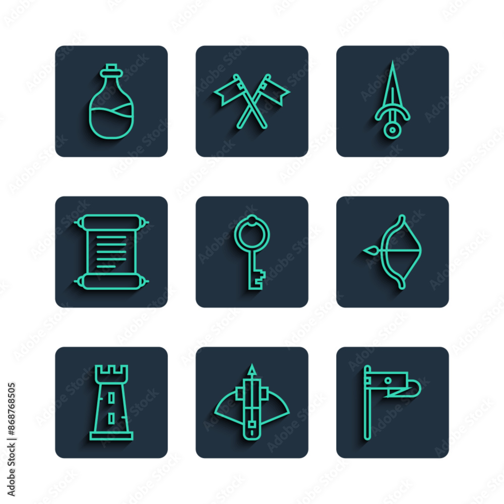 Set line Castle tower, Battle crossbow with arrow, Medieval flag, Dagger, Old key, Decree, parchment, scroll, bottle of wine and and icon. Vector Set line Castle tower, Battle crossbow with arrow, Medieval flag, Dagger, Old key, Decree, parchment, scroll, bottle of wine and and icon. Vector