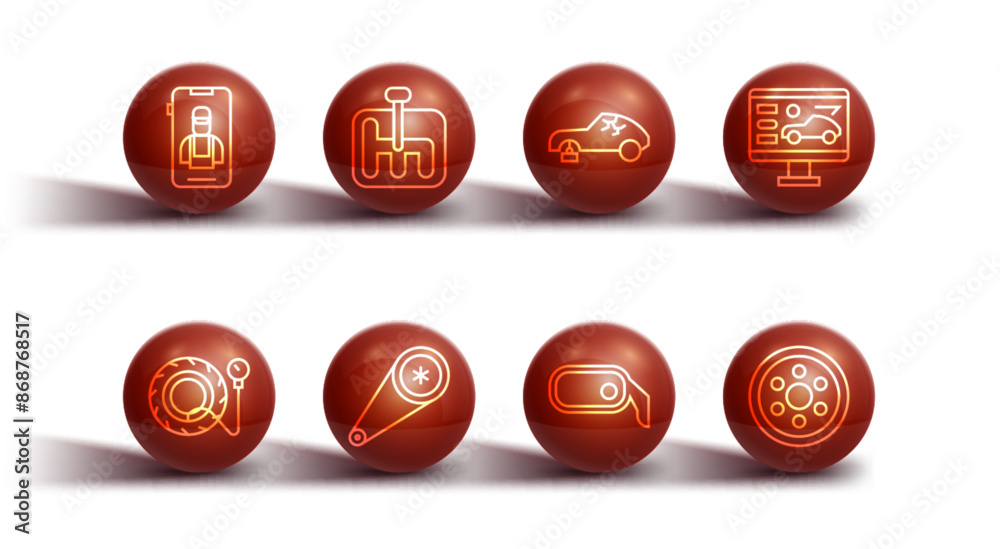 Set line Online car services, Tire pressure gauge, Diagnostics condition of, Car rearview mirror, Timing belt kit, Gear shifter, Alloy wheel and Broken icon. Vector Set line Online car services, Tire pressure gauge, Diagnostics condition of, Car rearview mirror, Timing belt kit, Gear shifter, Alloy wheel and Broken icon. Vector