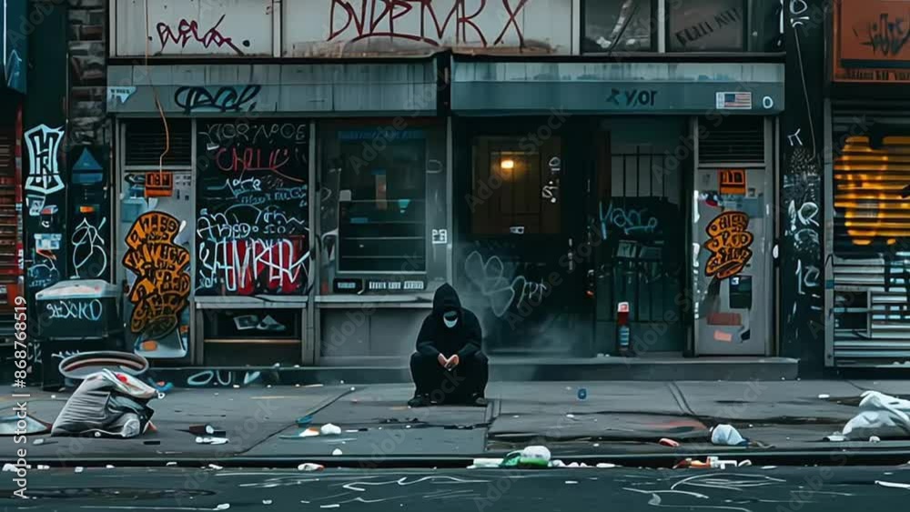 A solitary figure sits huddled on a grimy city street amidst trash, depicting urban poverty and homelessness