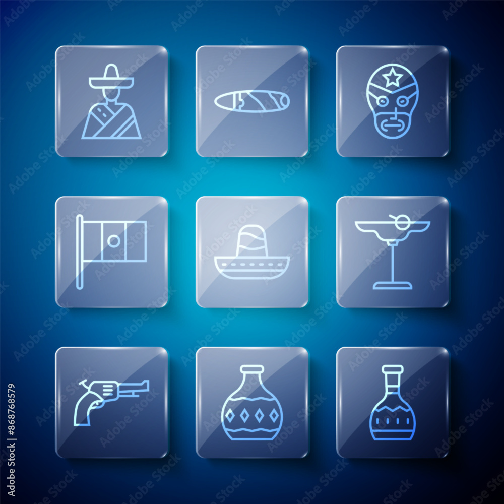 Set line Revolver gun, Tequila bottle, Mexican wrestler, sombrero, Mexico flag, man and Margarita cocktail icon. Vector Set line Revolver gun, Tequila bottle, Mexican wrestler, sombrero, Mexico flag, man and Margarita cocktail icon. Vector