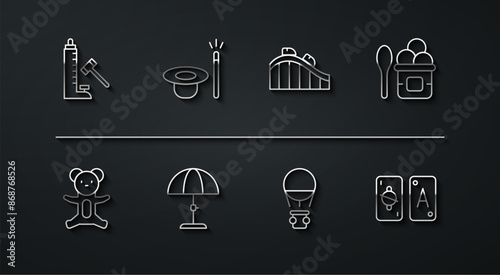 Set line Striker attraction with hammer, Teddy bear plush toy, Ice cream in bowl, Hot air balloon, Sun protective umbrella, Magic hat and wand, Tarot cards and Roller coaster icon. Vector