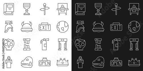 Set line King crown, Metal detector, Earth globe, Road traffic signpost, Viking horned helmet, Roman army, History book and Exit icon. Vector