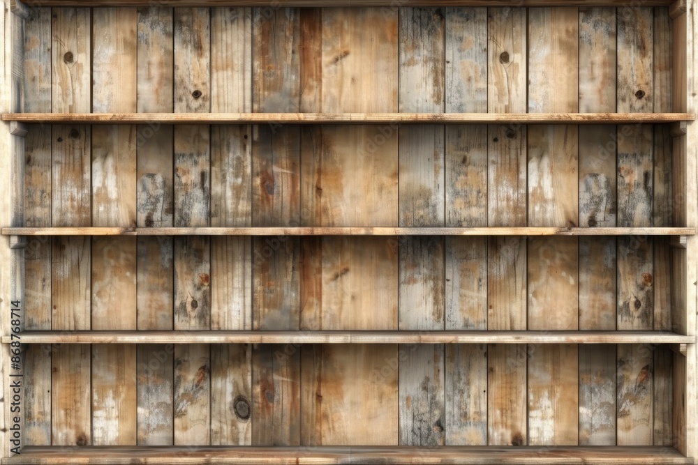 Empty rustic wooden bookshelf with weathered texture and multiple shelves. Suitable for vintage decor, storage, or interior design projects. Empty rustic wooden bookshelf with weathered texture and multiple shelves. Suitable for vintage decor, storage, or interior design projects.