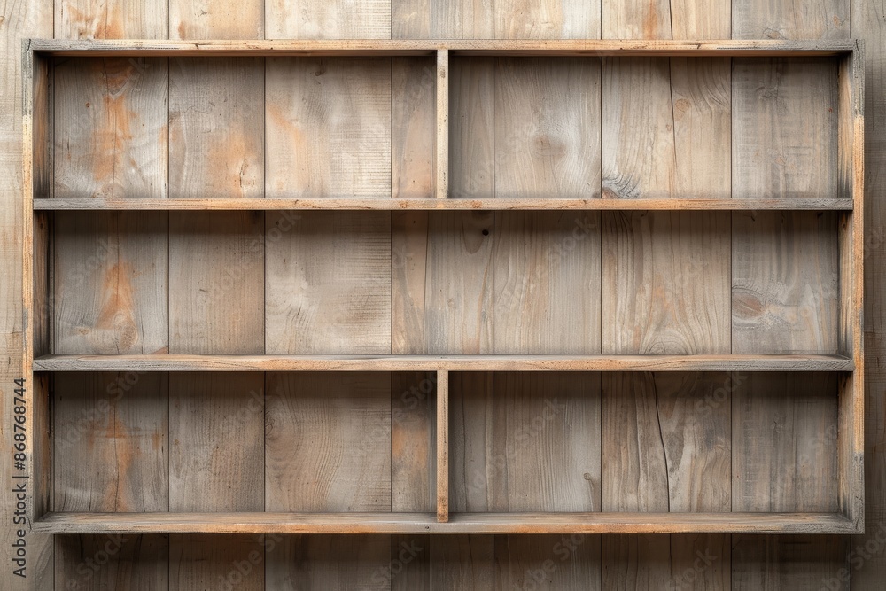Empty rustic wooden shelf with a weathered texture, ideal for background or design purposes, providing a vintage and natural look. Empty rustic wooden shelf with a weathered texture, ideal for background or design purposes, providing a vintage and natural look.