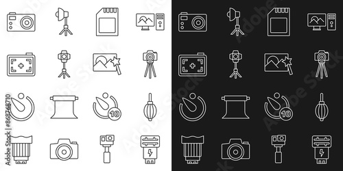 Set line Photo camera flash, Dust blower, SD card, Softbox light, and retouching icon. Vector