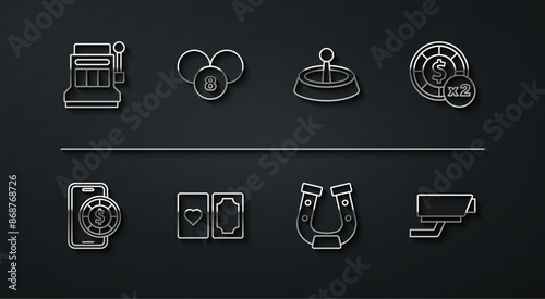 Set line Slot machine, Online poker table game, Casino chips, Horseshoe, Deck of playing cards, Lottery ball on bingo, Security camera and roulette wheel icon. Vector