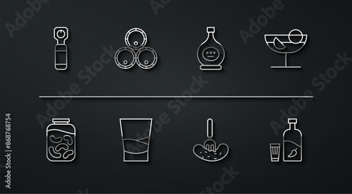 Set line Bottle opener, Pickled cucumbers in a jar, Cocktail, on fork, Glass of vodka, Wooden barrels, Vodka with pepper and glass and cognac brandy icon. Vector
