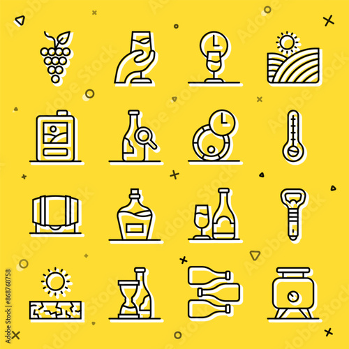 Set line Fermentation of grapes, Bottle opener, Meteorology thermometer, Wine time, wine, Cardboard box, Bunch and Wooden barrel for icon. Vector