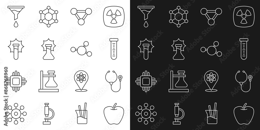 Set line Apple, Stethoscope, Test tube, Molecule, Explosion in the flask, Funnel or filter and icon. Vector Set line Apple, Stethoscope, Test tube, Molecule, Explosion in the flask, Funnel or filter and icon. Vector