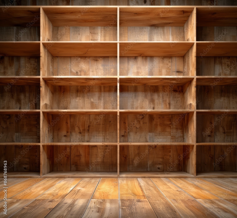 Empty wooden bookshelf in cozy room with brown wooden floor, ideal for interior design or storage themes. Empty wooden bookshelf in cozy room with brown wooden floor, ideal for interior design or storage themes.
