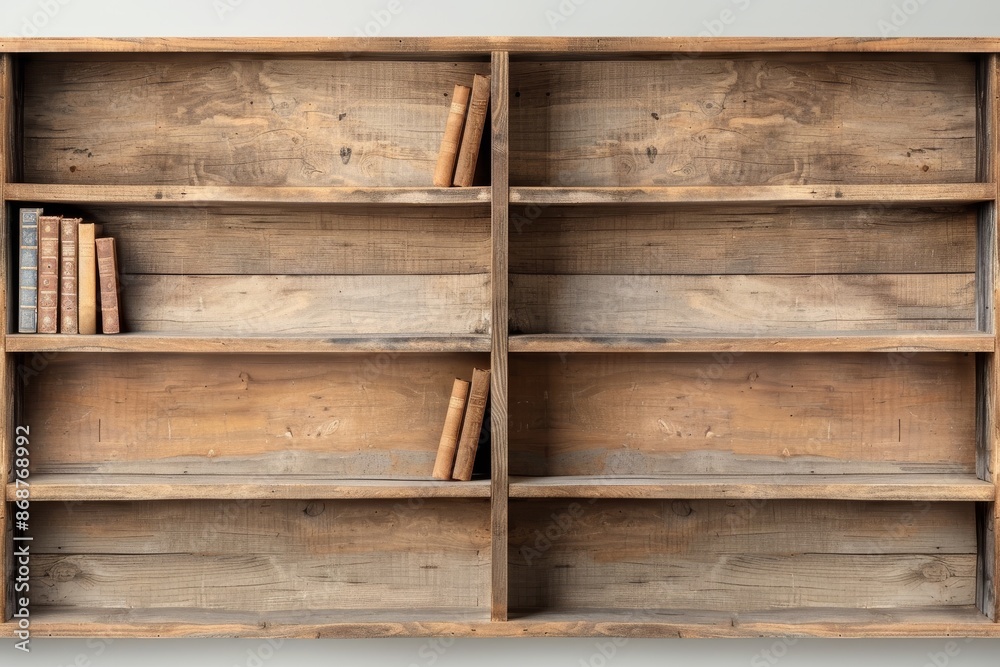 Empty wooden bookshelf with a few scattered books, showcasing a rustic and minimalist design, ideal for home or office decor. Empty wooden bookshelf with a few scattered books, showcasing a rustic and minimalist design, ideal for home or office decor.