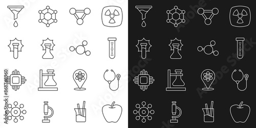 Set line Apple, Stethoscope, Test tube, Molecule, Explosion in the flask, Funnel or filter and icon. Vector © Kostiantyn