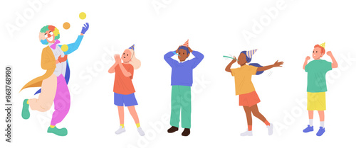 Happy group of kids cartoon characters enjoying birthday party celebration with joyful funny clown