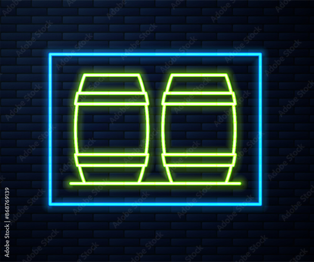 Glowing neon line Wooden barrel for wine icon isolated on brick wall background. Vector Glowing neon line Wooden barrel for wine icon isolated on brick wall background. Vector