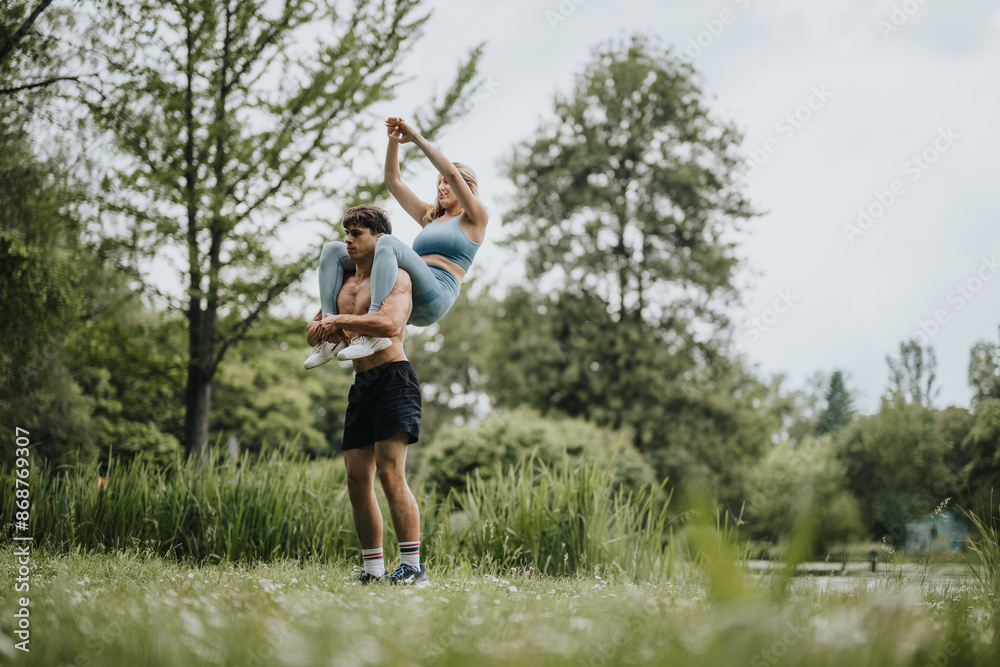 Couple in workout gear exercising in a park. Girl is doing abs exercises while sitting on her boyfriend's shoulders. Couple in workout gear exercising in a park. Girl is doing abs exercises while sitting on her boyfriend's shoulders.