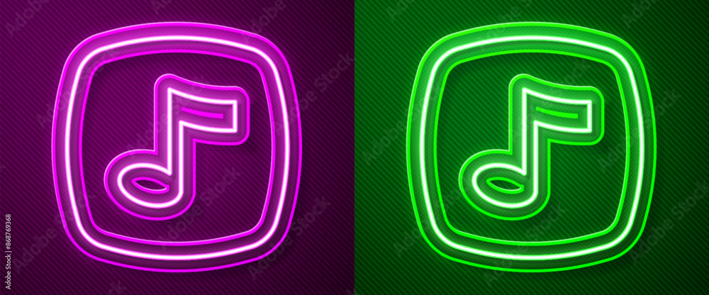 Glowing neon line Music note, tone icon isolated on purple and green background. Vector Glowing neon line Music note, tone icon isolated on purple and green background. Vector