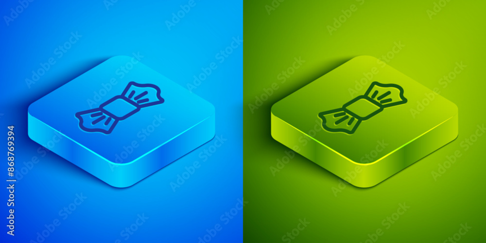 Isometric line Bow tie icon isolated on blue and green background. Square button. Vector Isometric line Bow tie icon isolated on blue and green background. Square button. Vector