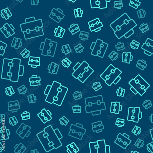 Green line Briefcase icon isolated seamless pattern on blue background. Business case sign. Business portfolio. Vector