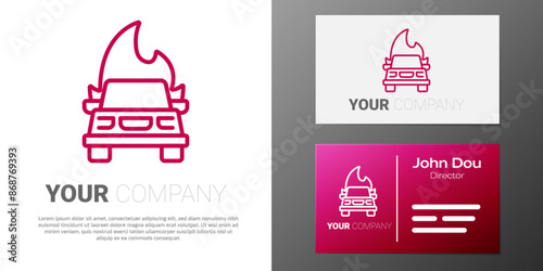 Logotype line Burning car icon isolated on white background. Insurance concept. Car on fire. Broken auto covered with fire and smoke. Logo design template element. Vector