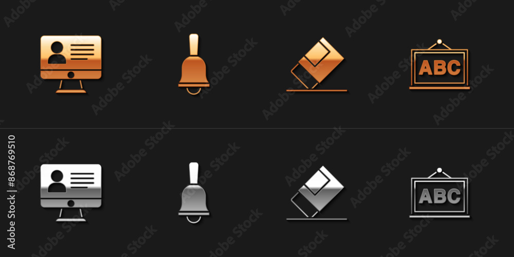 Set Online class, Ringing bell, Eraser or rubber and Chalkboard icon. Vector Set Online class, Ringing bell, Eraser or rubber and Chalkboard icon. Vector