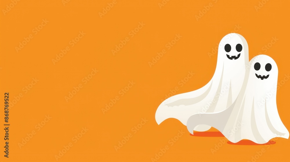 Two cute ghosts with smiles on a bright orange background for Halloween Two cute ghosts with smiles on a bright orange background for Halloween