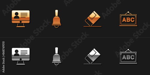 Set Online class, Ringing bell, Eraser or rubber and Chalkboard icon. Vector