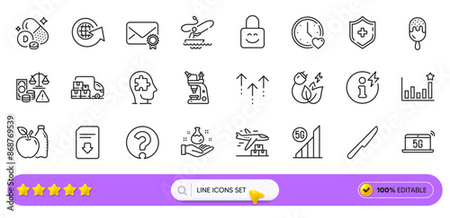 Power info, Fraud and Question mark line icons for web app. Pack of Microscope, Download file, Delivery truck pictogram icons. Medical shield, Mental conundrum, Dating signs. World globe. Vector