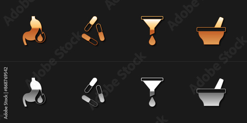 Set Stomach heartburn, Virus, Funnel or filter and Mortar and pestle icon. Vector