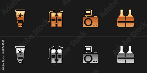 Set Sunscreen cream in tube, Aqualung, Photo camera with flash and Life jacket icon. Vector