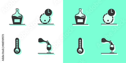 Set Wine tasting, degustation, Old bottle of wine, Meteorology thermometer and Wooden barrel for icon. Vector