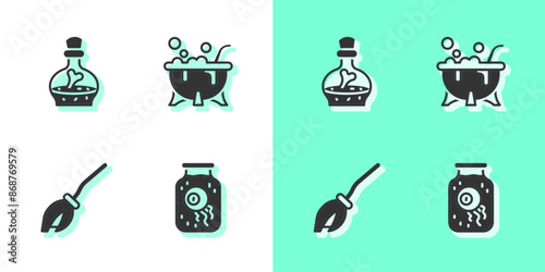 Set Eye in a jar, Bottle with potion, Witches broom and Halloween witch cauldron icon. Vector
