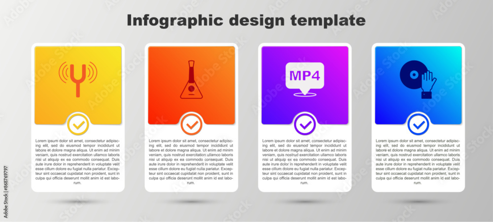 Set Musical tuning fork, Balalaika, MP4 file document and DJ playing music. Business infographic template. Vector Set Musical tuning fork, Balalaika, MP4 file document and DJ playing music. Business infographic template. Vector