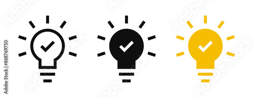 Light bulb icon check mark symbol. lamp icon tick symbol collection , creative good idea logo. innovative idea icon sign in flat style. vector illustration