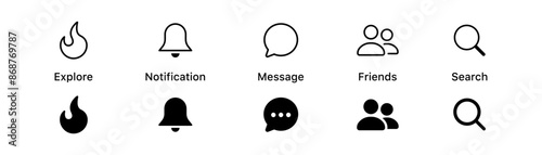Fire icon, Explore or trending icon. Notification bell icon. Speech bubble chat icon. Team two user icon. magnifying glass search icon - Web icons set