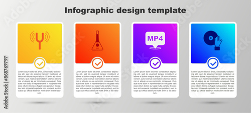 Set Musical tuning fork, Balalaika, MP4 file document and DJ playing music. Business infographic template. Vector