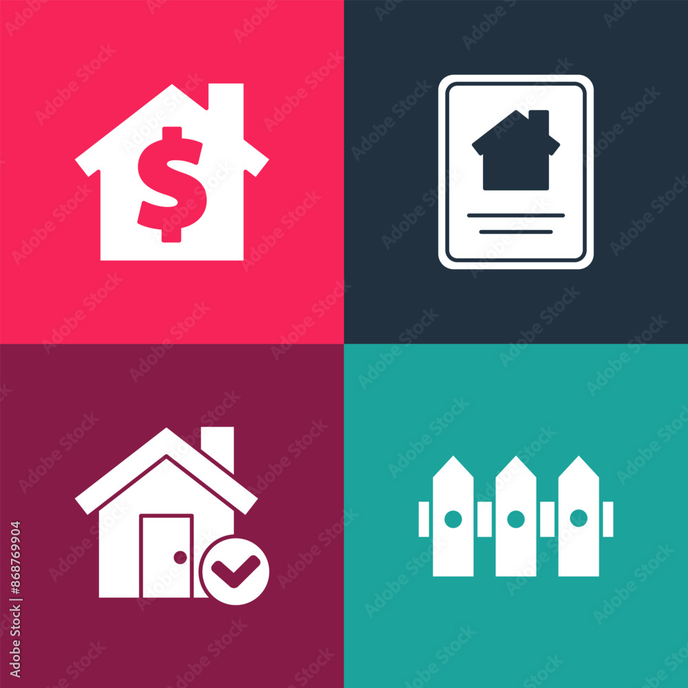 Set pop art Garden fence wooden, House with check mark, Online real estate house and dollar symbol icon. Vector Set pop art Garden fence wooden, House with check mark, Online real estate house and dollar symbol icon. Vector