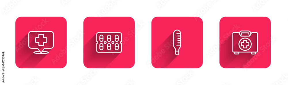 Set line Map pointer with cross hospital, Pills blister pack, Medical thermometer and First aid kit with long shadow. Red square button. Vector Set line Map pointer with cross hospital, Pills blister pack, Medical thermometer and First aid kit with long shadow. Red square button. Vector