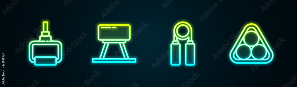 Set line TPX loop training equipment, Pommel horse, Sport expander and Billiard balls rack triangle. Glowing neon icon. Vector Set line TPX loop training equipment, Pommel horse, Sport expander and Billiard balls rack triangle. Glowing neon icon. Vector