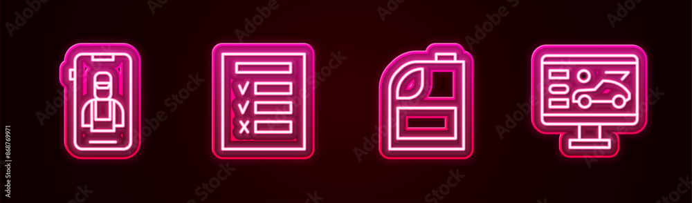 Set line Online car services, Car inspection, Canister for motor machine oil and Diagnostics condition of. Glowing neon icon. Vector Set line Online car services, Car inspection, Canister for motor machine oil and Diagnostics condition of. Glowing neon icon. Vector