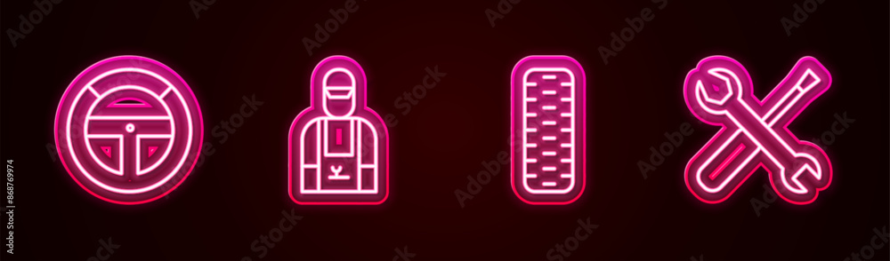 Set line Steering wheel, Car mechanic, tire and Screwdriver and wrench spanner. Glowing neon icon. Vector Set line Steering wheel, Car mechanic, tire and Screwdriver and wrench spanner. Glowing neon icon. Vector