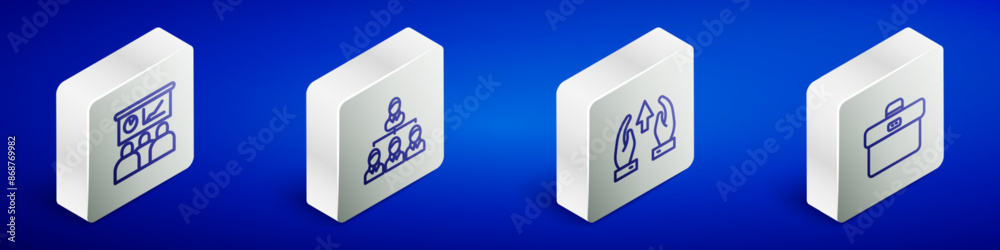 Set Isometric line Training, presentation, Hierarchy organogram chart, Growth and progress and Briefcase icon. Vector Set Isometric line Training, presentation, Hierarchy organogram chart, Growth and progress and Briefcase icon. Vector