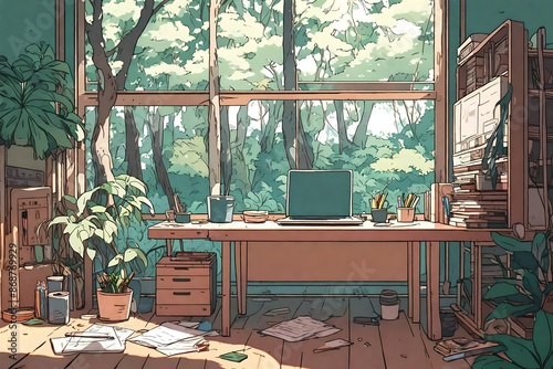 Lofi empty interior. Messy desk, window view of a forest, jungle. Anime, manga style. Colorful study lo-fi desk.