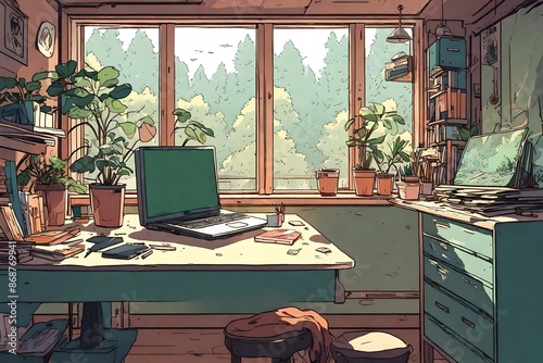 Lofi empty interior. Messy desk, window view of a forest, jungle. Anime, manga style. Colorful study lo-fi desk.