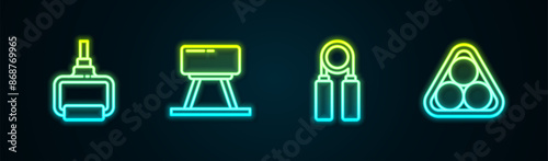 Set line TPX loop training equipment, Pommel horse, Sport expander and Billiard balls rack triangle. Glowing neon icon. Vector